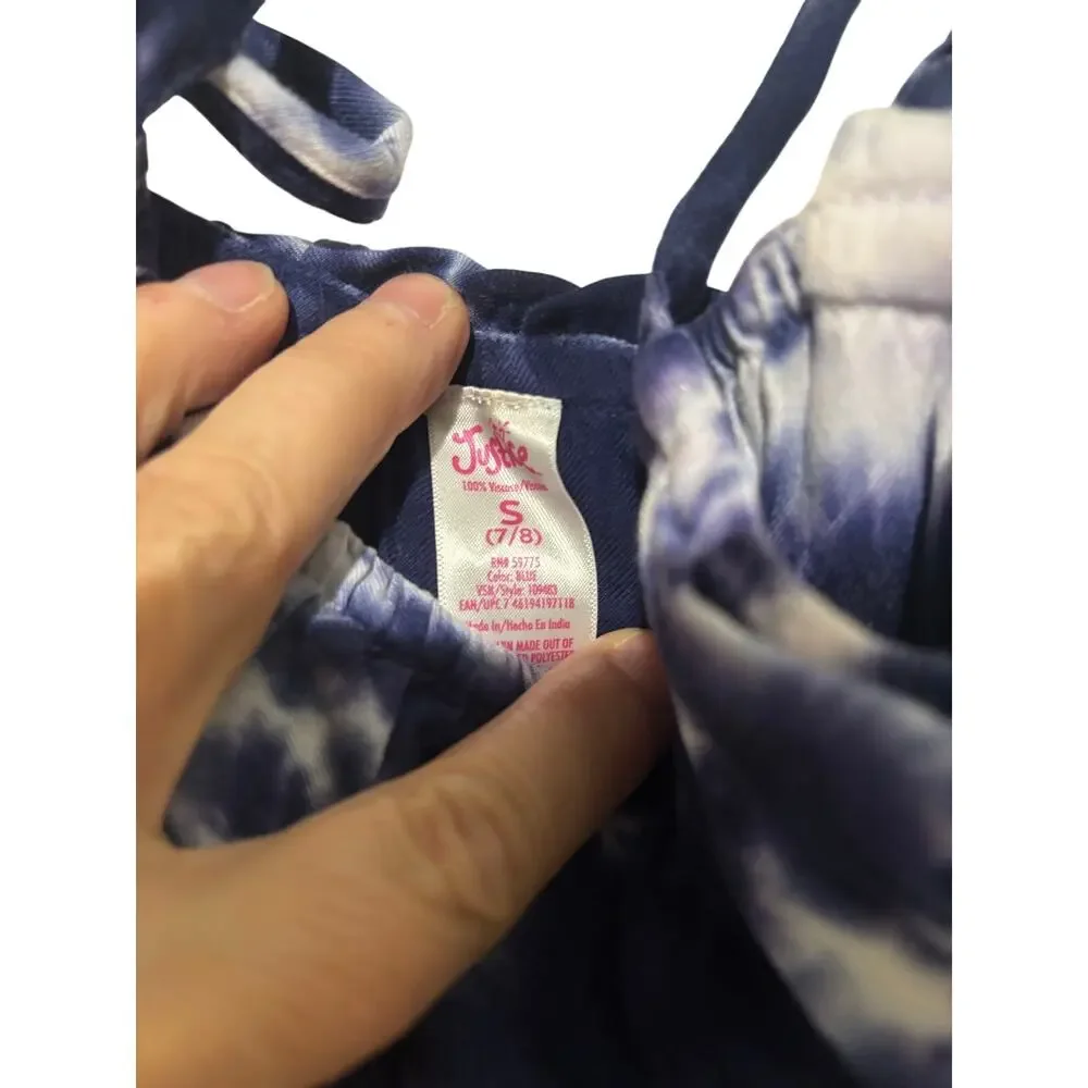 Justice girls 7/8 tie dy blue white romper capri length tie waist belt euc